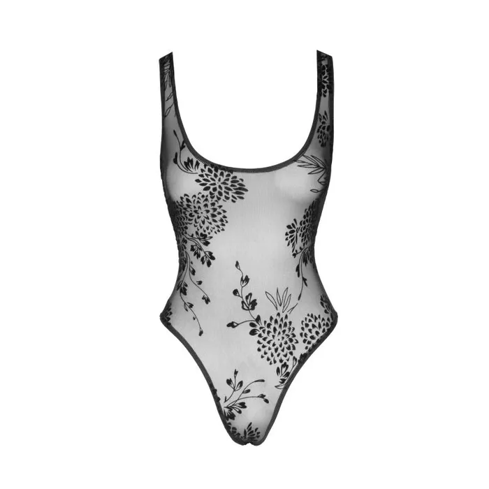 Tulle Bodysuit w Patterned Flock Embroidery Noir Teddies And Bodies